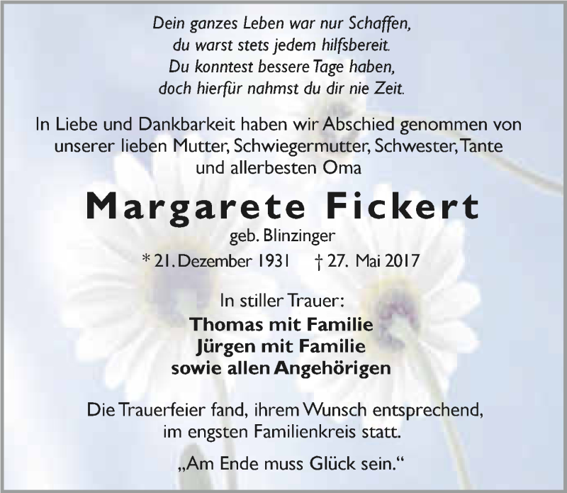  Traueranzeige für Margarete Fickert vom 10.06.2017 aus 