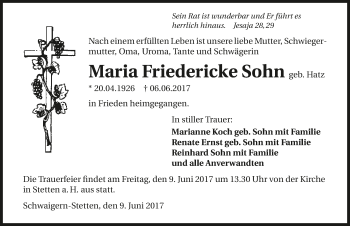Traueranzeige von Maria Friedericke Sohn 