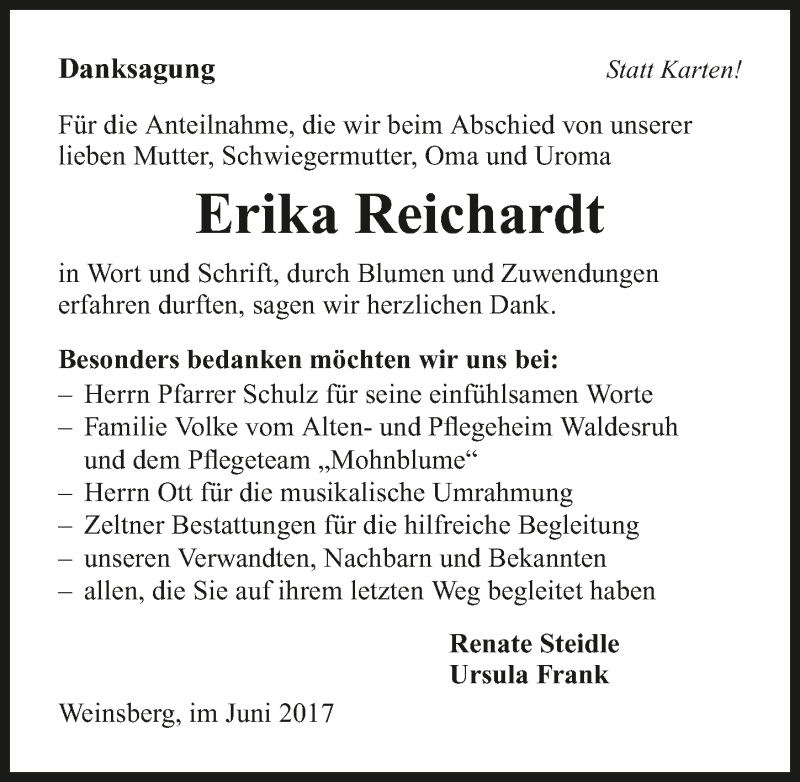  Traueranzeige für Erika Reichardt vom 23.06.2017 aus 