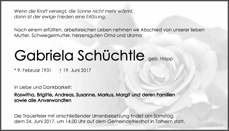  Traueranzeige für Gabriela Schüchtle vom 21.06.2017 aus 