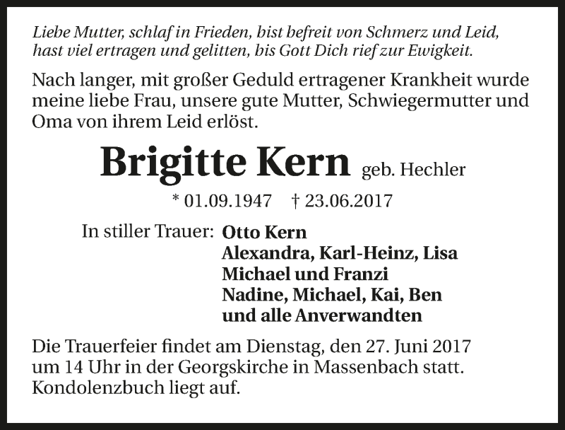  Traueranzeige für Brigitte Kern vom 24.06.2017 aus 
