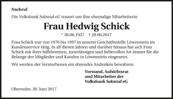 Traueranzeige von Hedwig Schick 