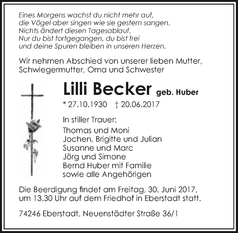 Traueranzeige für Lilli Becker vom 24.06.2017 aus 