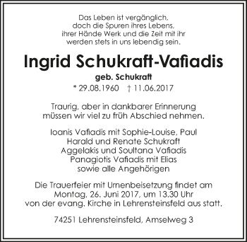Traueranzeige von Ingrid Schukraft-Vafiadis 