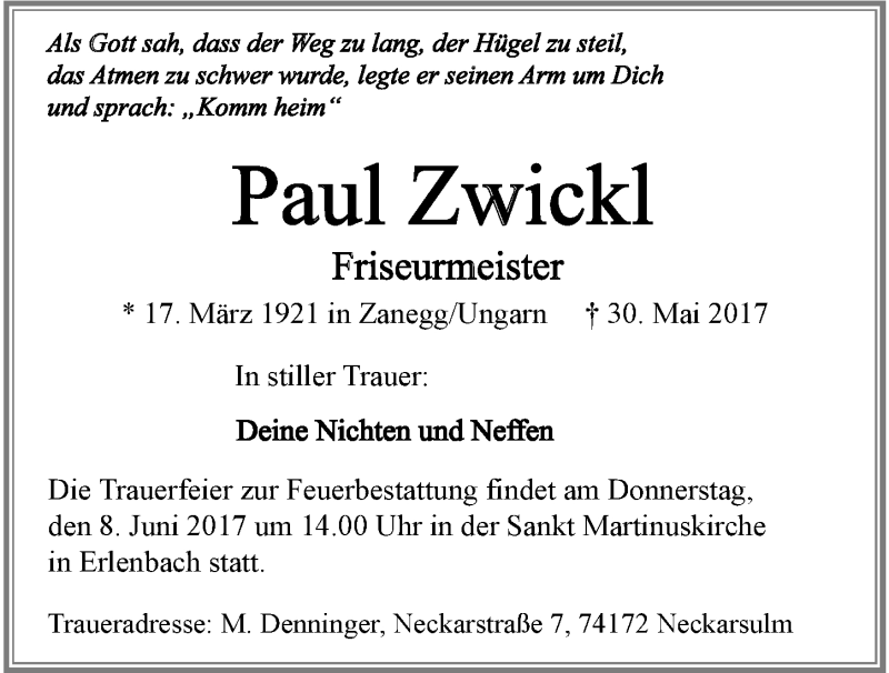  Traueranzeige für Paul Zwickl vom 06.06.2017 aus 