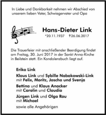Traueranzeige von Hans Dieter Link 