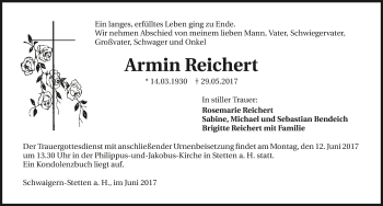 Traueranzeige von Armin Reichert 