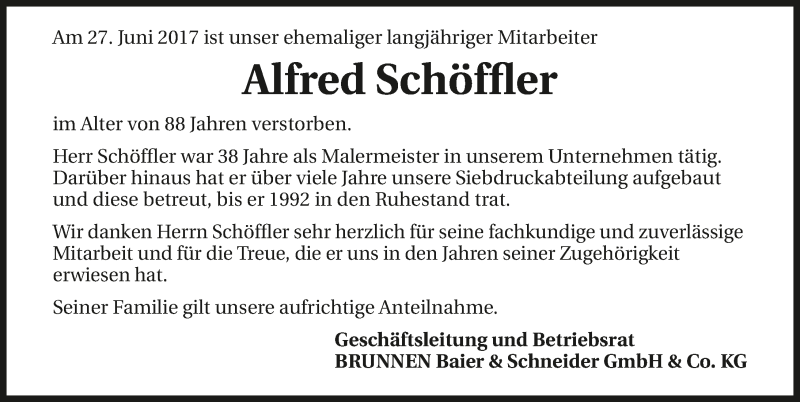  Traueranzeige für Alfred Schöffler vom 30.06.2017 aus 
