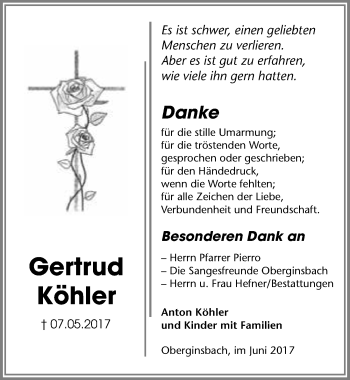 Traueranzeige von Gertrud Köhler 
