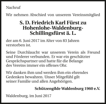 Traueranzeige von Friedrich Karl  Fürst zu Hohenlohe-Waldenburg-Schillingsfürst ä. L. 