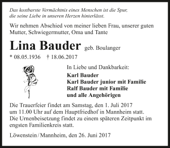Traueranzeige von Lina Bauder 