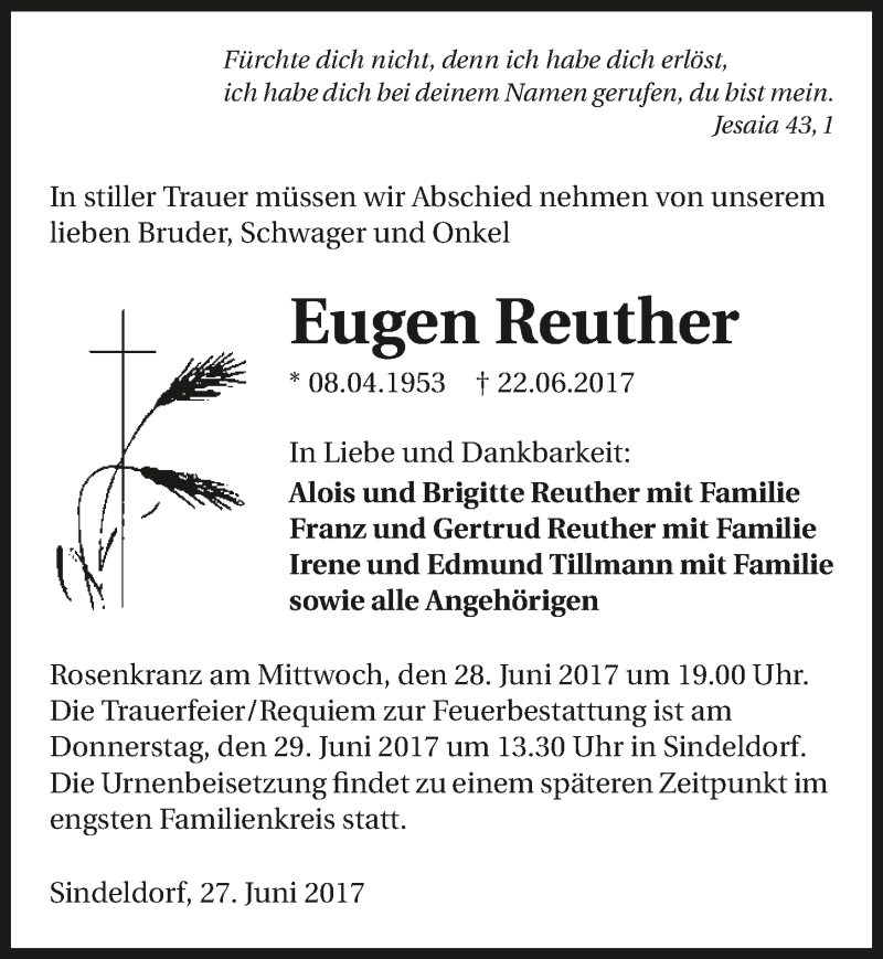  Traueranzeige für Eugen Reuther vom 27.06.2017 aus 