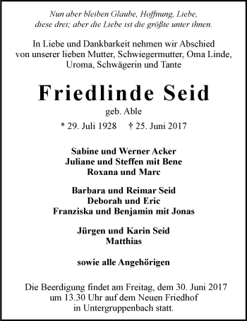Traueranzeige von Friedlinde Seid 