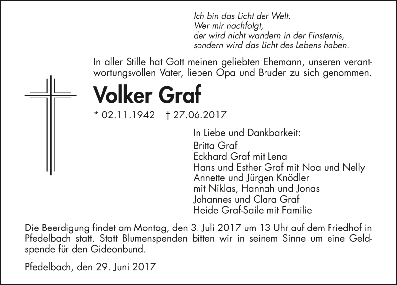  Traueranzeige für Volker Graf vom 29.06.2017 aus 