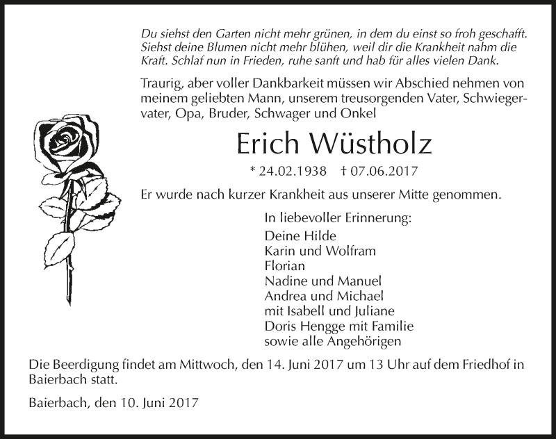  Traueranzeige für Erich Wüstholz vom 10.06.2017 aus 