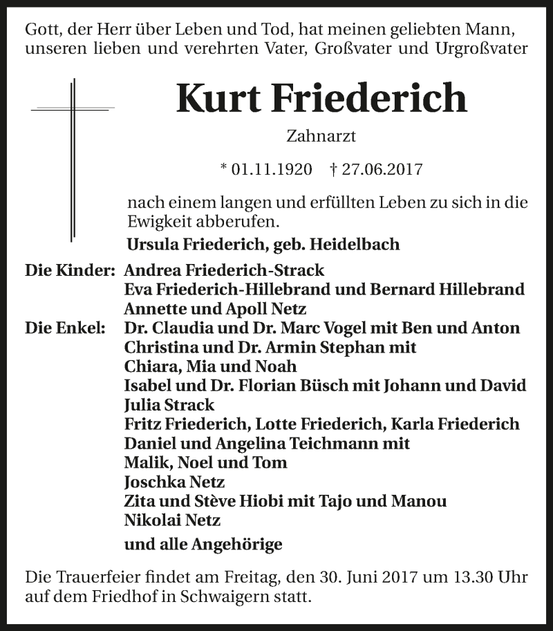  Traueranzeige für Kurt Friederich vom 29.06.2017 aus 