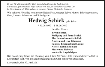 Traueranzeige von Hedwig Schick 