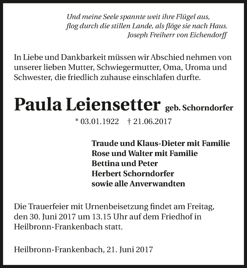 Traueranzeige für Paula Leiensetter vom 27.06.2017 aus 