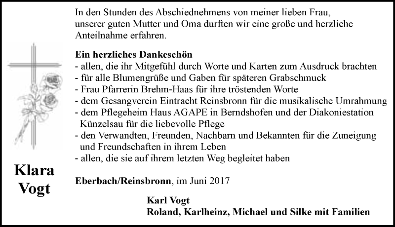  Traueranzeige für Klara Vogt vom 24.06.2017 aus 