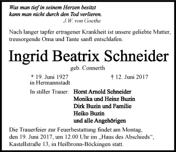 Traueranzeige von Ingrid Beatrix Schneider 