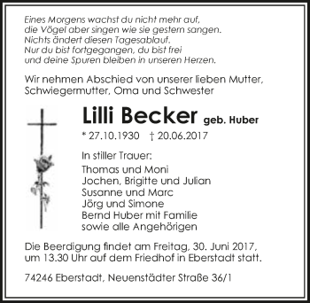 Traueranzeige von Lilli Becker 
