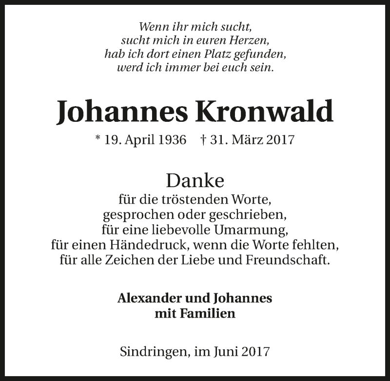  Traueranzeige für Johannes Kronwald vom 03.06.2017 aus 