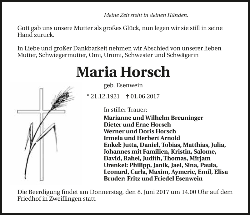  Traueranzeige für Maria Horsch vom 03.06.2017 aus 