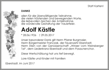 Traueranzeige von Adolf Kästle 