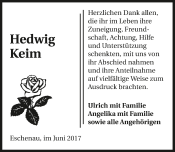 Traueranzeige von Hedwig Keim 