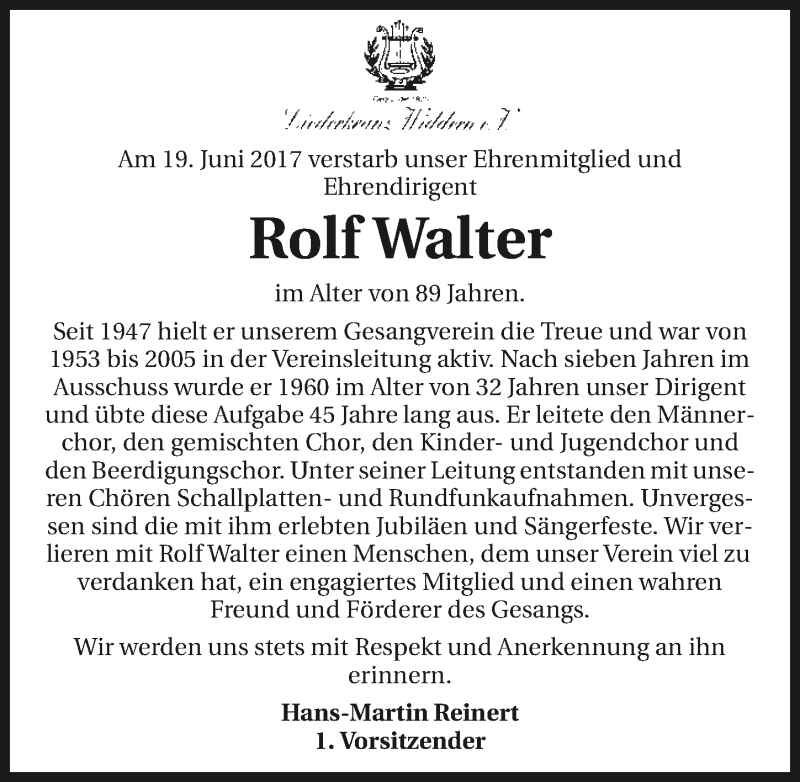  Traueranzeige für Rolf Walter vom 24.06.2017 aus 