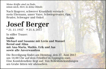 Traueranzeige von Josef Berger 