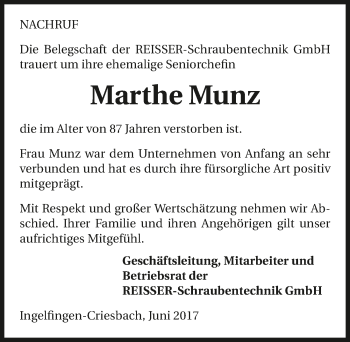 Traueranzeige von Marthe Munz 
