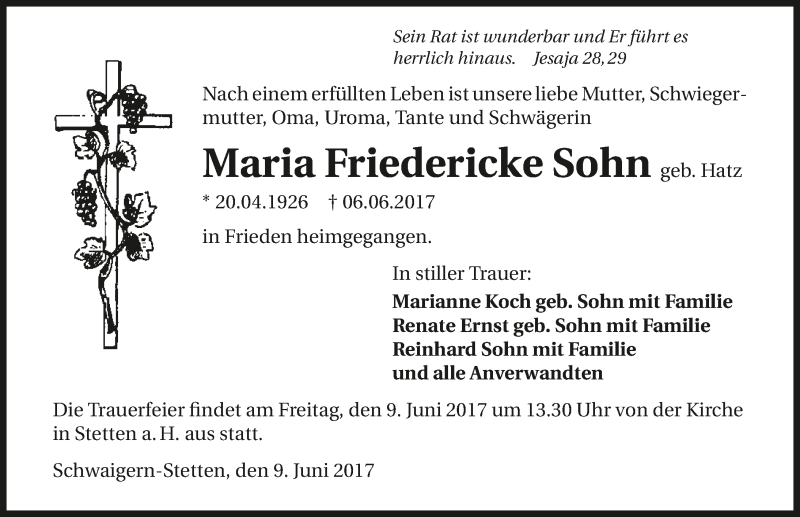  Traueranzeige für Maria Friedericke Sohn vom 08.06.2017 aus 