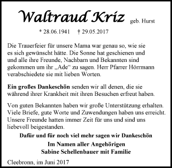 Traueranzeige von Waltraud Kriz 