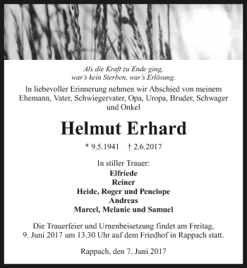 Traueranzeige von Helmut Erhard 