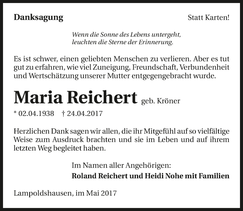  Traueranzeige für Maria Reichert vom 03.06.2017 aus 