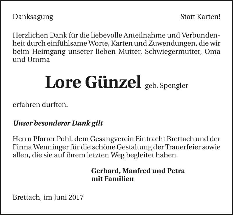  Traueranzeige für Lore Günzel vom 10.06.2017 aus 