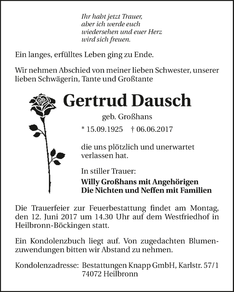  Traueranzeige für Gertrud Dausch vom 10.06.2017 aus 