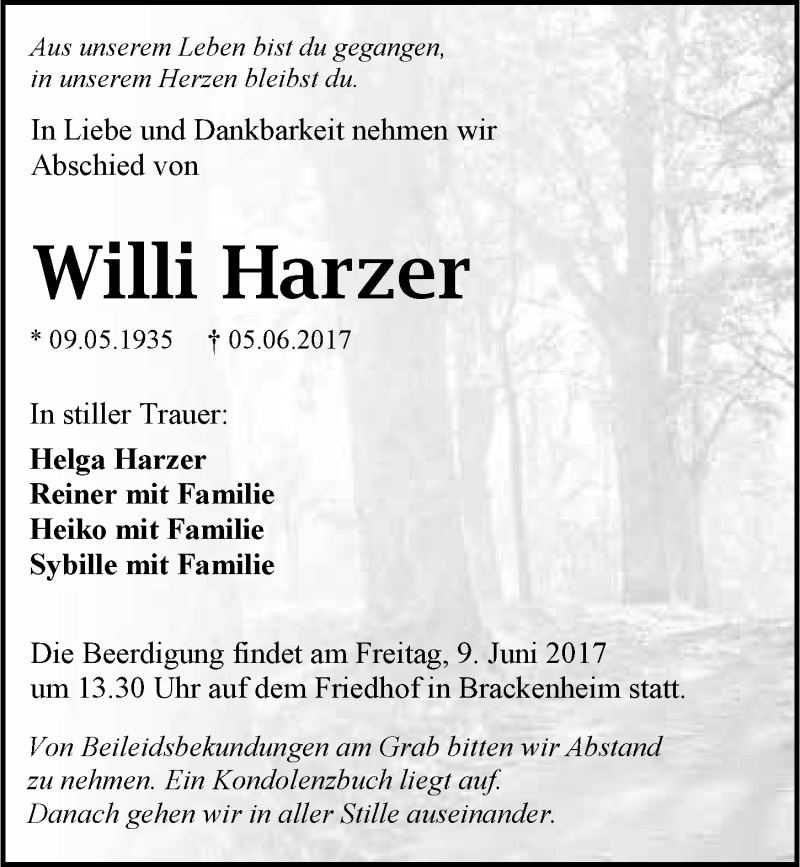  Traueranzeige für Willi Harzer vom 07.06.2017 aus 