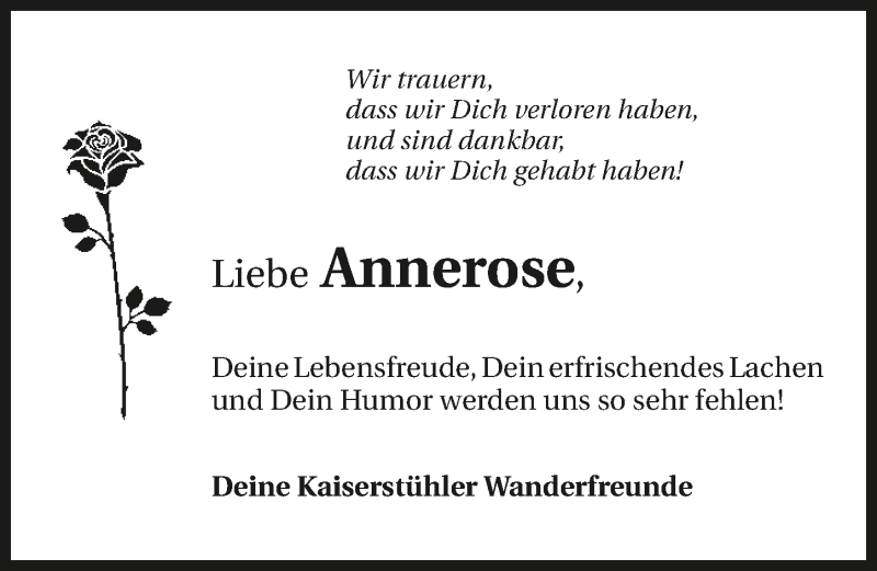  Traueranzeige für Annerose Riehle vom 16.06.2017 aus 