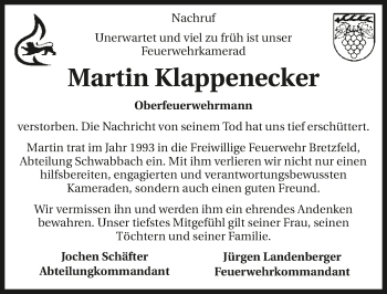 Traueranzeige von Martin Klappenecker 