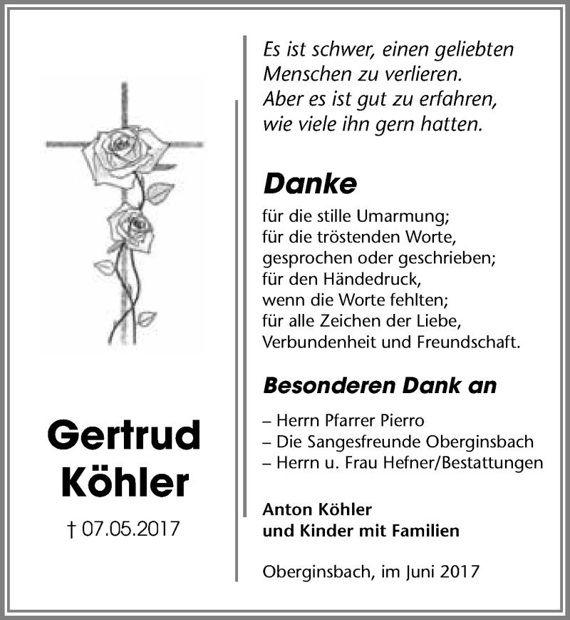  Traueranzeige für Gertrud Köhler vom 03.06.2017 aus 