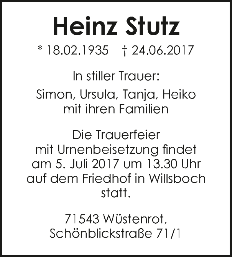  Traueranzeige für Heinz Stutz vom 04.07.2017 aus 
