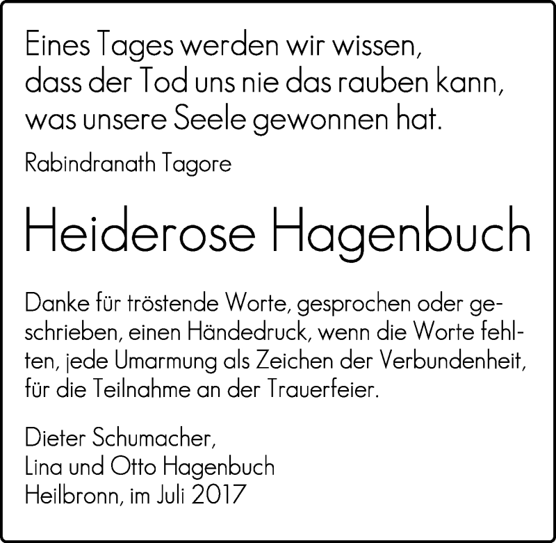  Traueranzeige für Heiderose Hagenbuch vom 01.07.2017 aus 