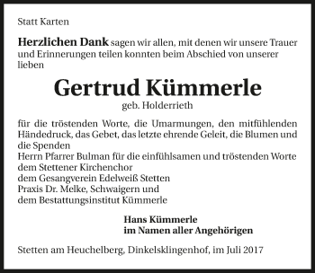 Traueranzeige von Gertrud Kümmerle 