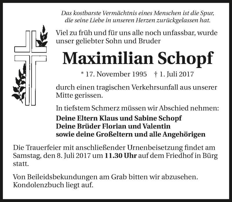  Traueranzeige für Maximilian Schopf vom 06.07.2017 aus 