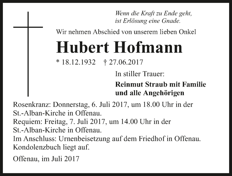  Traueranzeige für Hubert Hofmann vom 05.07.2017 aus 