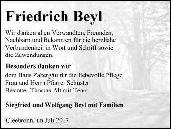 Traueranzeige von Friedrich Beyl 