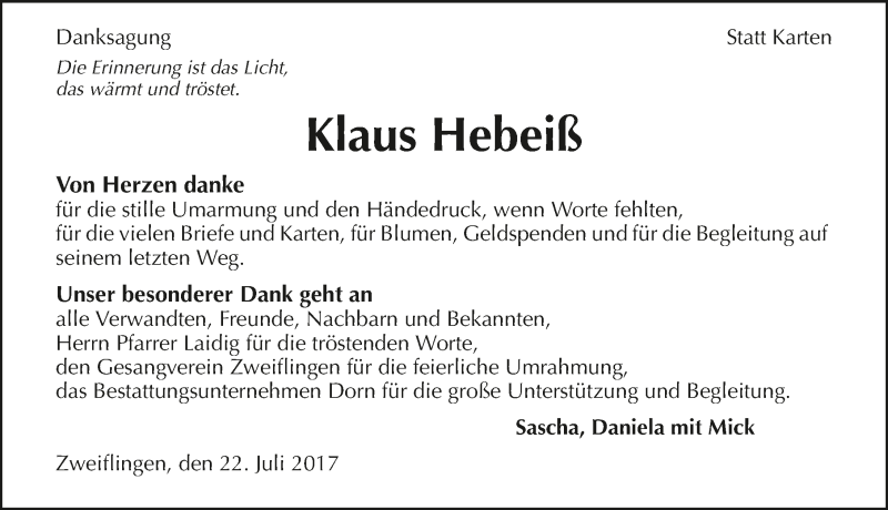  Traueranzeige für Klaus Hebeiß vom 22.07.2017 aus 