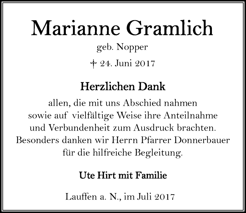  Traueranzeige für Marianne Gramlich vom 15.07.2017 aus 
